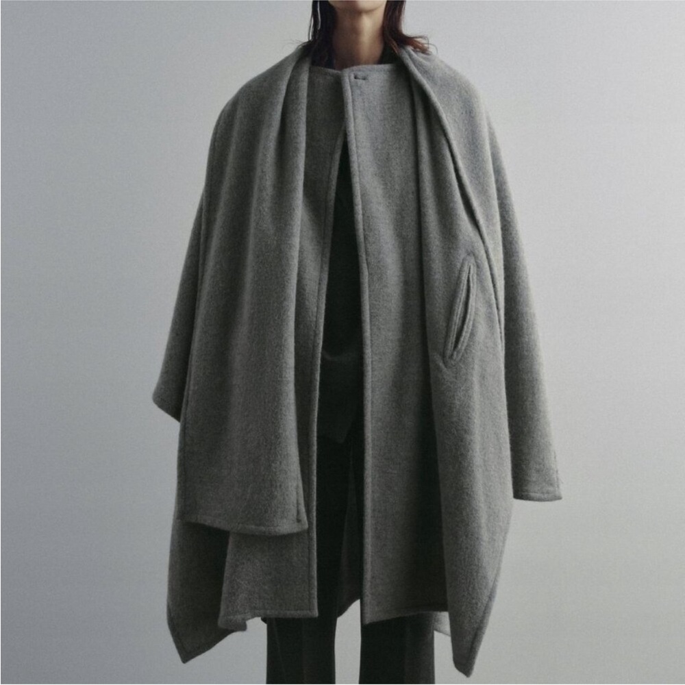 NEW W TAGS Zara Alpaca Wool Blend  Medium Grey Scarf Cape Coat - Picture 3 of 10
